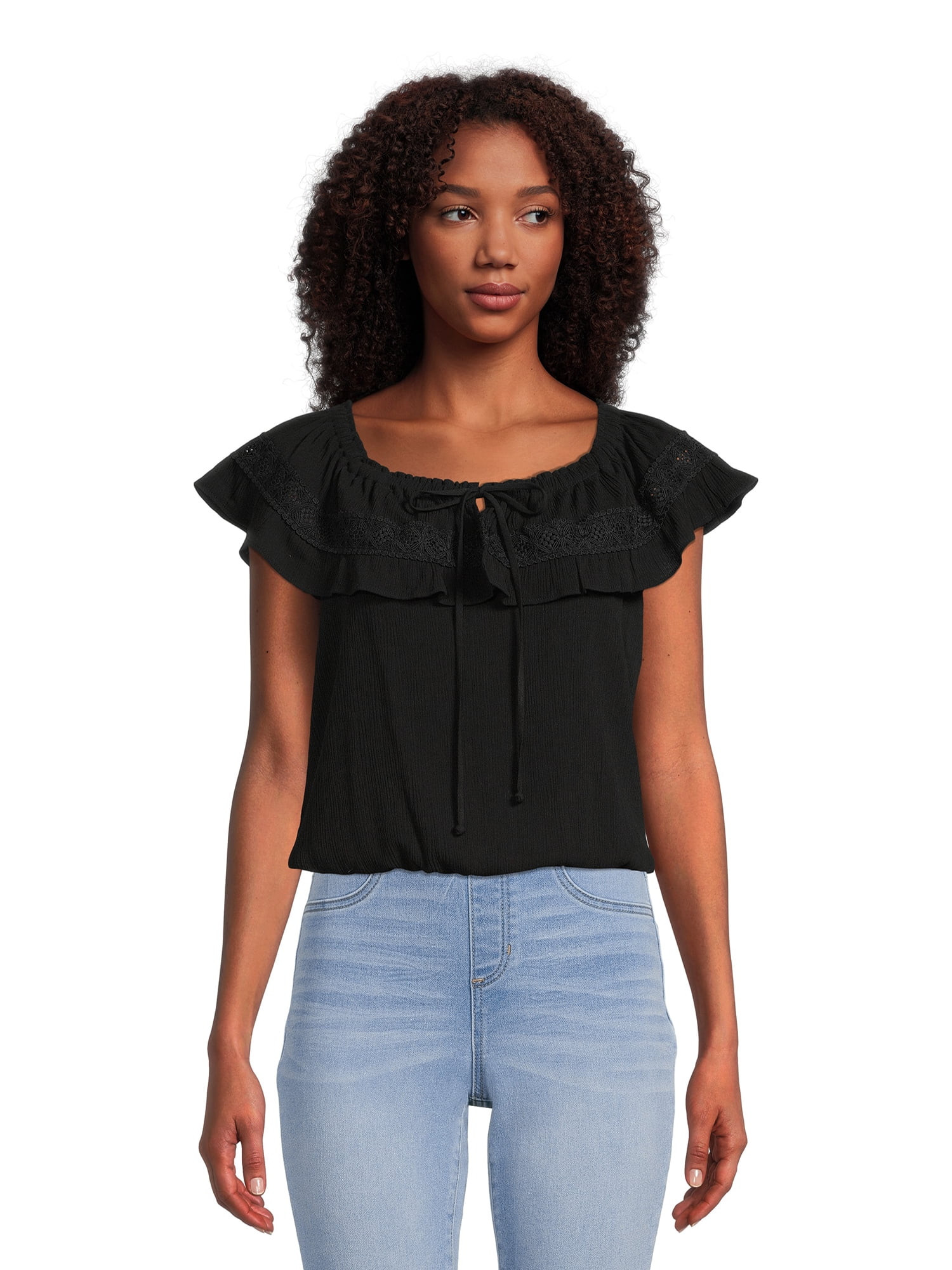 No Boundaries Juniors Ruffle Woven Top, Sizes XS-3XL - Walmart.com | Walmart (US)