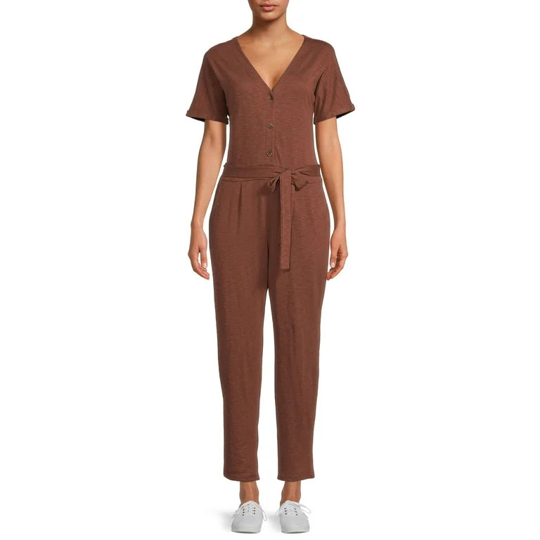 Time and Tru Women's Short Sleeve Knit Jumpsuit with Belt - Walmart.com | Walmart (US)