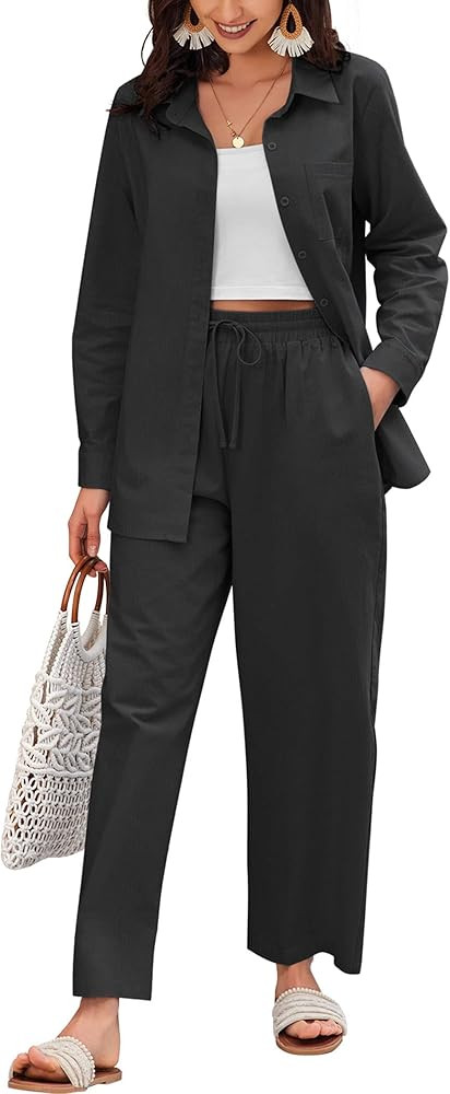 Zeagoo Women Linen Suit Two Piece Outfits Summer Beach Linen Shirt and Pants Set | Amazon (US)