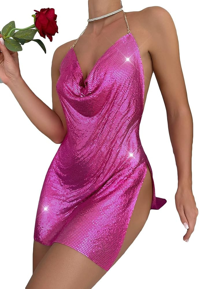 Women's Metallic V Neck Backless Chain Cami Party Dress | Amazon (US)