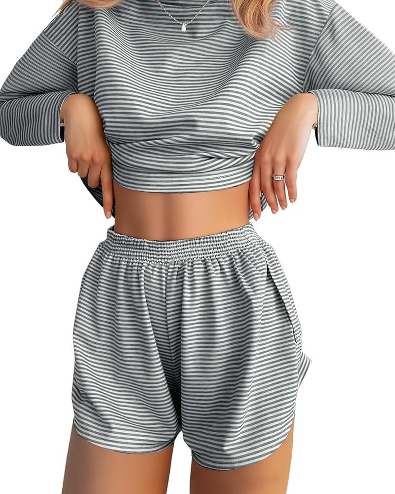 JUSTFASHIONNOW Womens Pajama Sets Striped Two Piece Lounge Sets Long Sleeve Top and Split Shorts ... | Amazon (US)