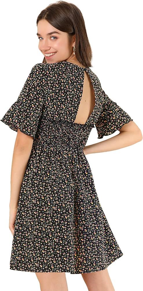Allegra K Women's Summer Backless Smocked Waist Bell Short Sleeve Floral Dress | Amazon (US)