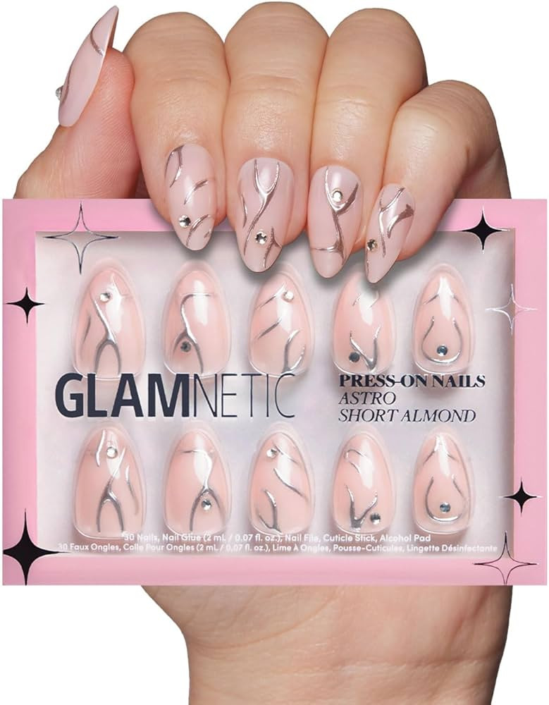 Glamnetic Press On Nails - Astro | Semi-Transparent 3D Metallic Silver Swirl Short Almond Fake Na... | Amazon (US)