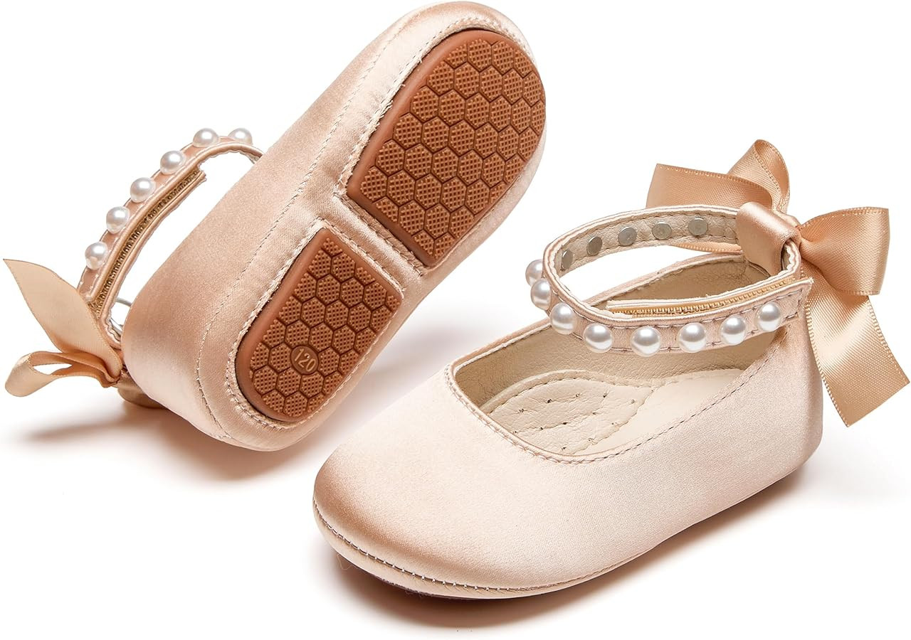 Baby Girls Mary Jane Flats - Infant Newborn Walking Shoes Soft Rubber Sole Princess Wedding | Amazon (US)