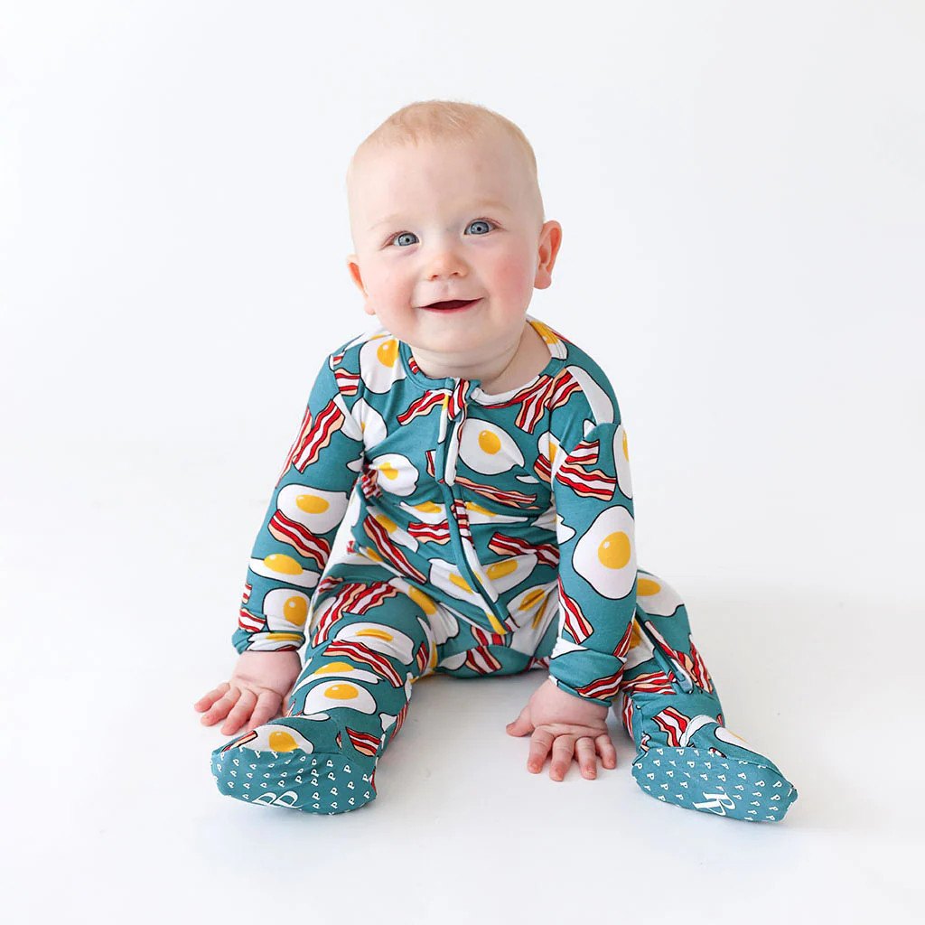 Breakfast Blue One Piece Baby Footie Pajamas | Bacon and Eggs | Posh Peanut