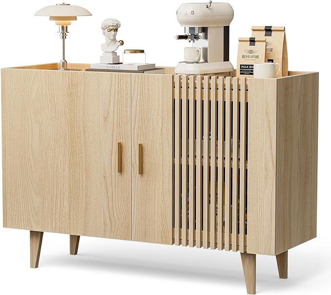 Buffet Storage Cabinet, Sideboard with Slatted Door, Gold Handles,Wood Legs, Buffet Table for Kitchen, Dining Room, Entryway(Natural) | Amazon (US)