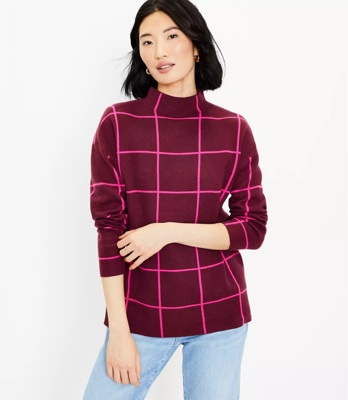Windowpane Mock Neck Tunic Sweater | LOFT | LOFT