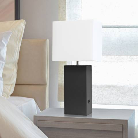 Elegant Designs Black Leather Table Lamp with USB Port | Lamps Plus