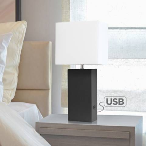 Elegant Designs Black Leather Table Lamp with USB Port | Lamps Plus