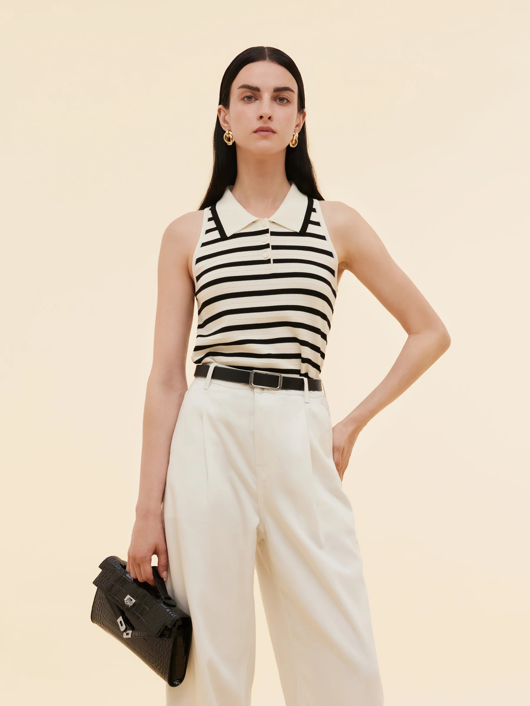 Tencel Blend Stripe Women Knit Tank Top - Black and White Stripe / M | GOELIA