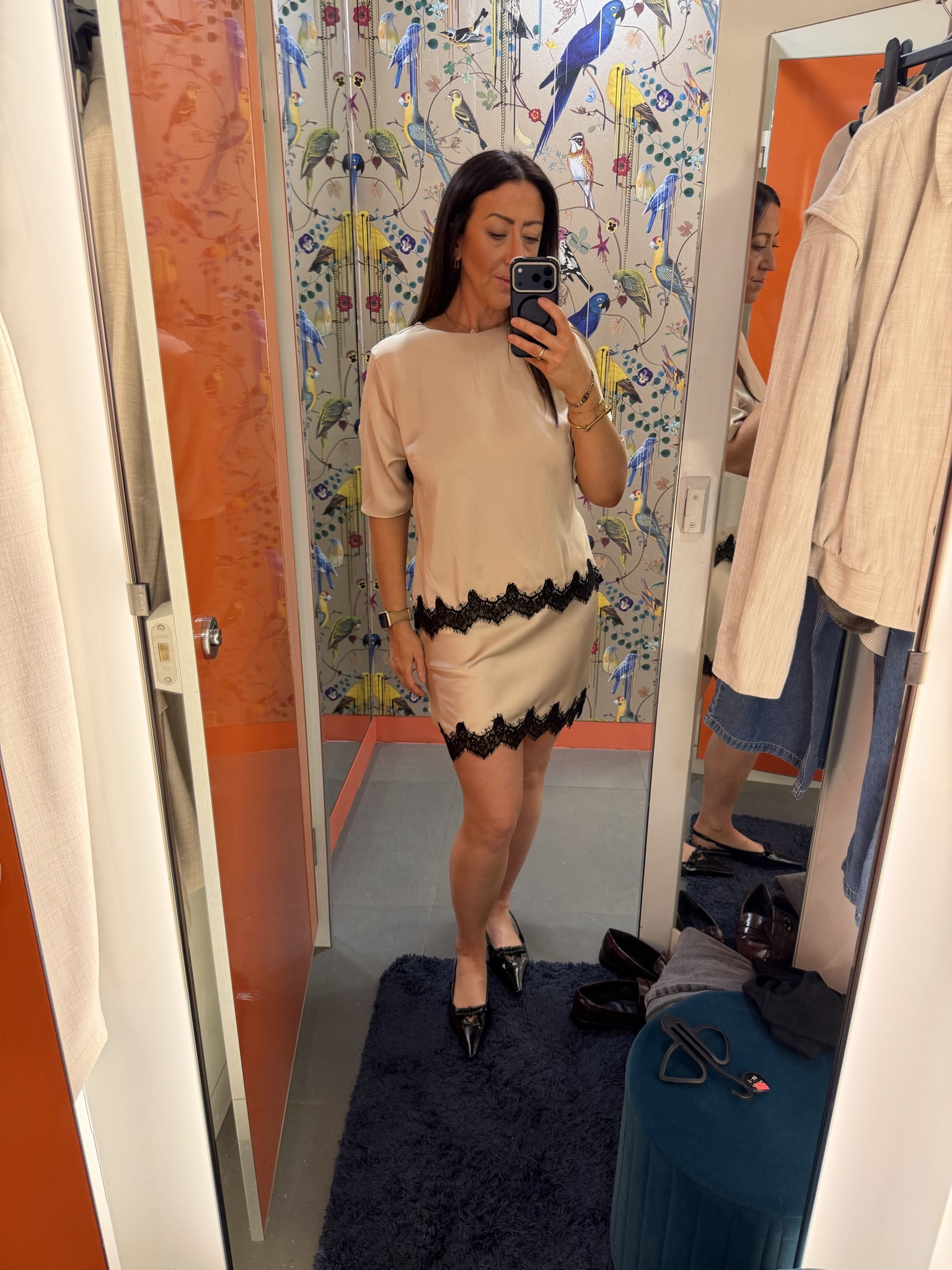 River Island Spring Outfit ideas - satin skirt and top coord. 

Cream skirt and top with black lace trim. 

Ideal spring look for women over 40. 

@riverisland  

 #LTKuk #LTKspring #LTKstyletip