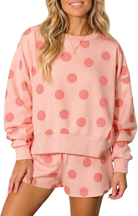 Fisoew Womens Polka Dot 2 Piece Outfits Casual Oversized Long Sleeve Sweatshirts Shorts Set Track... | Amazon (US)