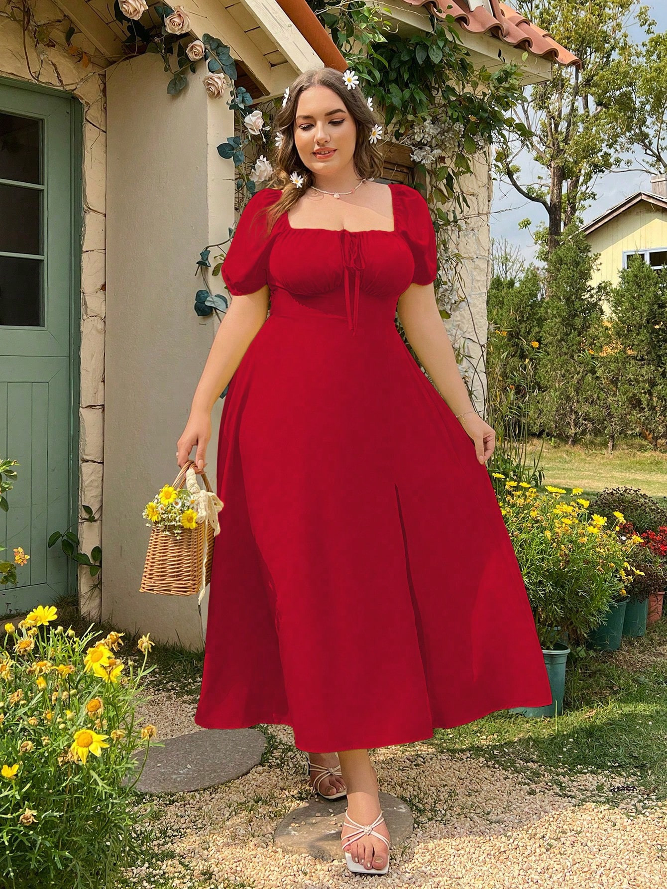 SHEIN MOD Plus Size Summer Holiday Solid Color Bubble Sleeves Cinched Slit Dress | SHEIN USA | SHEIN