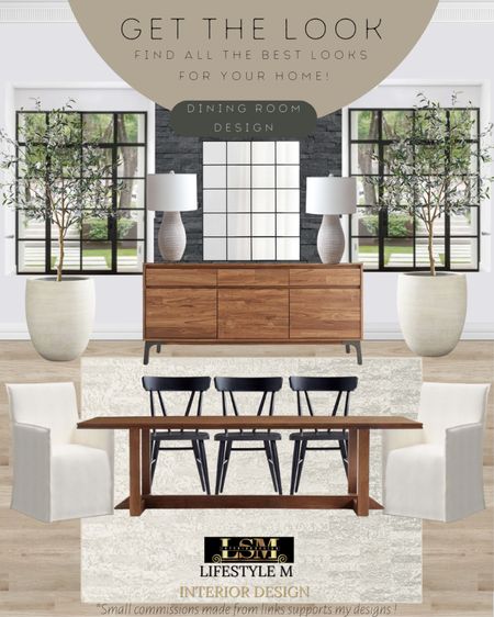 Modern farmhouse, transitional dining room idea. Dark wood dining room, black dining room chair, white fabric dining room chair, white rug, wood buffet console table, terracotta tree planter pot, ceramic table lamp, realistic fake tree, dining room mirror, black stone wall panels. 

#LTKhome #LTKFind #LTKstyletip