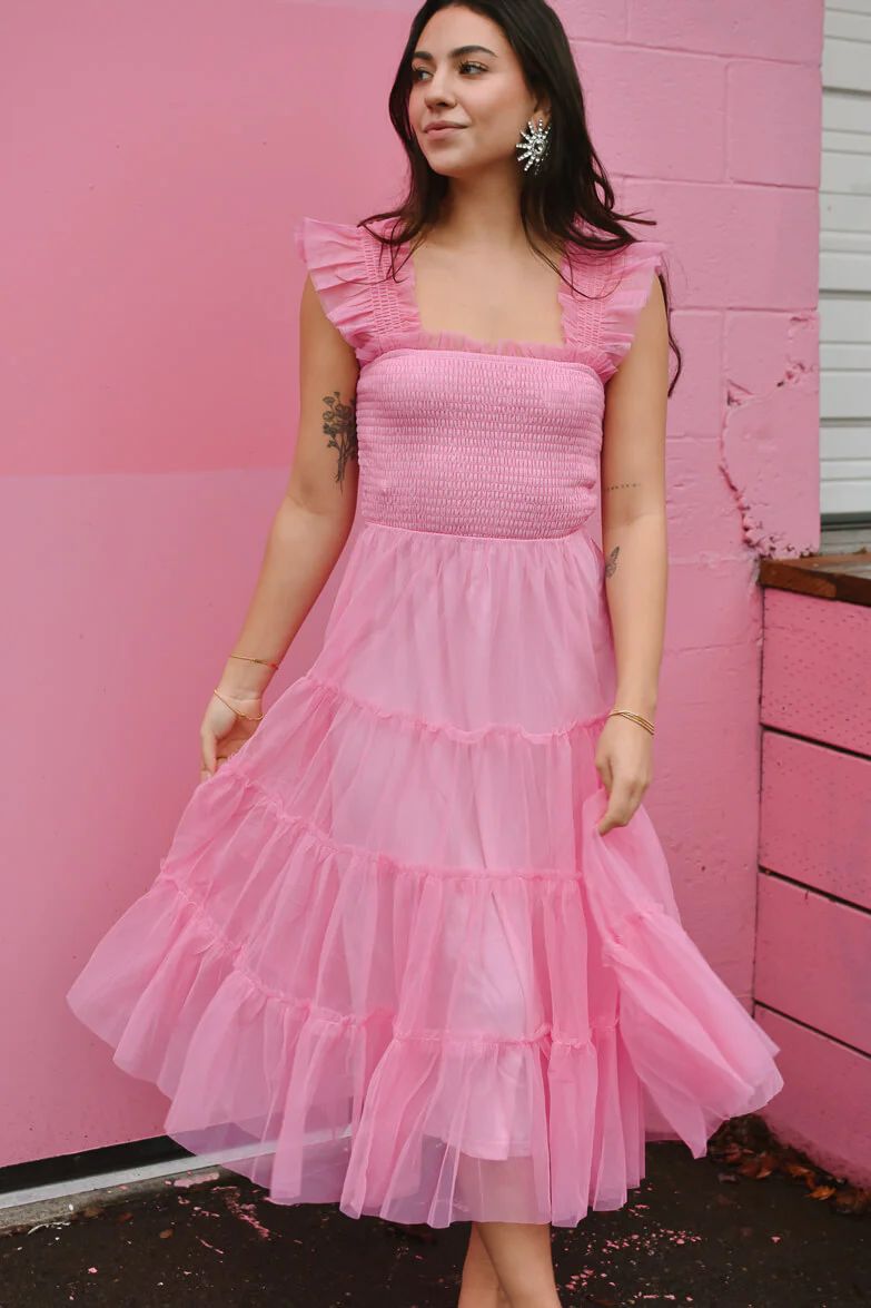 Fiori Short Bright Pink Tulle Tiered Midi Dress | Confête