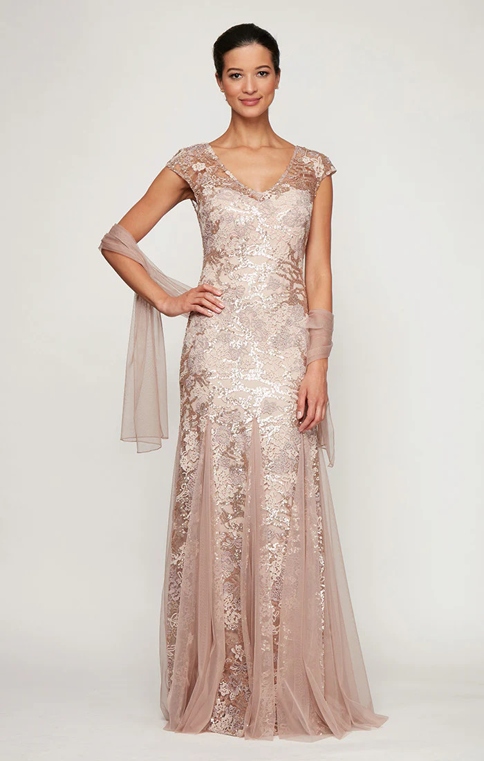 Long Cap Sleeve Embroidered Fit and Flare Dress With Godet Detail Skirt, Illusion V-Neckline and ... | Alex Evenings