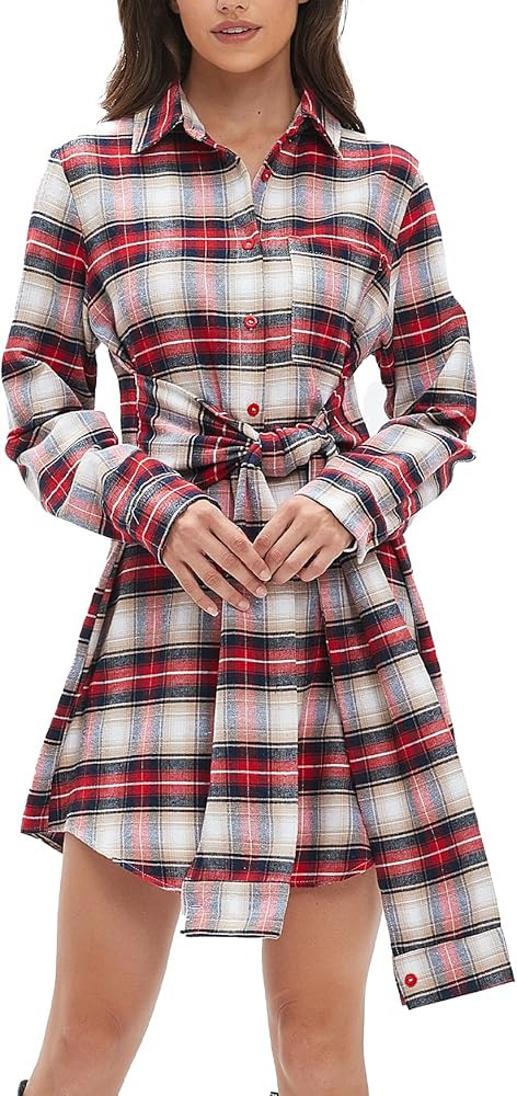 Flannel Plaid Dresses for Women Christmas Tie Front Long Sleeve Tunic Button Down Shirt Mini Dres... | Amazon (US)
