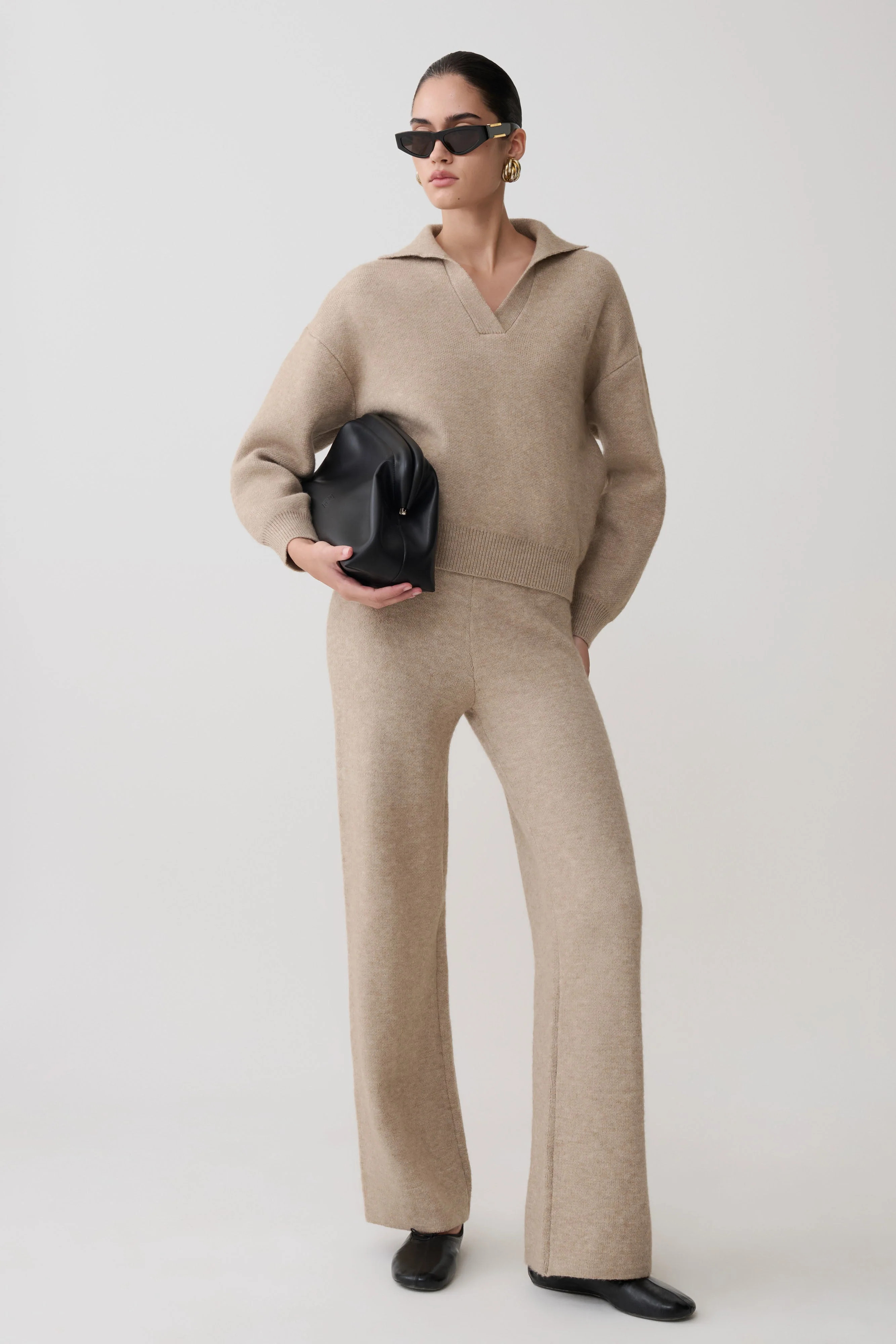 Knit Wide Leg Pants - Beige Marle | MESHKI US