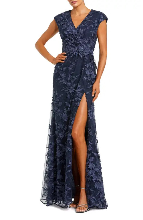 Mac Duggal Faux Wrap Embroidered Cap Sleeve Gown in Midnight at Nordstrom, Size 12 | Nordstrom