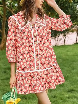 Wenrine Womens Casual Shirt Dresses 3/4 Long Sleeve Floral Button Down Flowy Babydoll Fall Mini D... | Amazon (US)