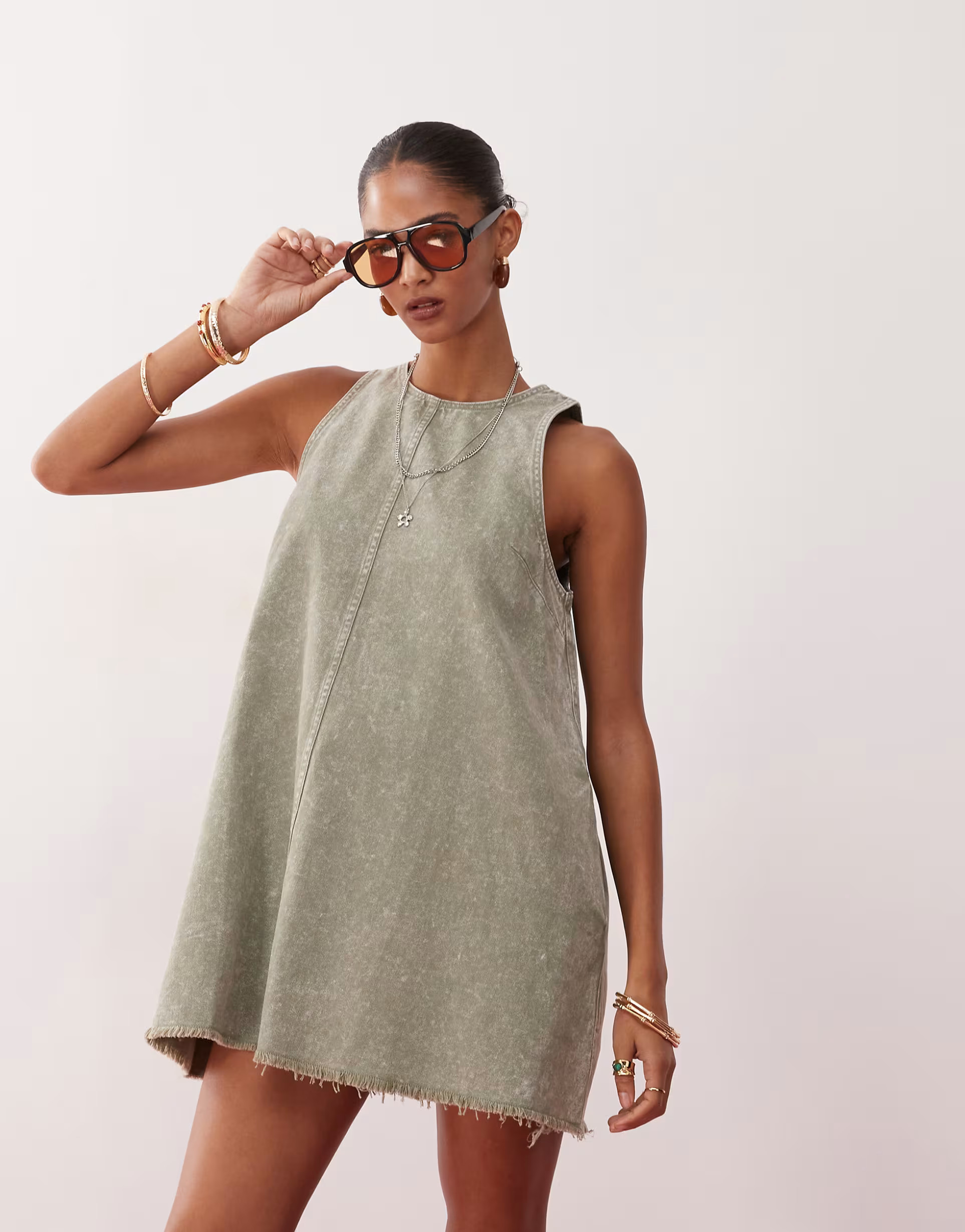 Monki sleeveless a line mini dress with frayed edge in khaki | ASOS (Global)