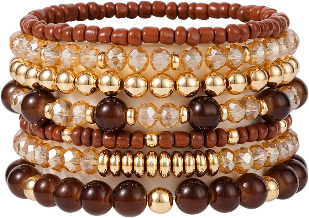 Boho Beaded Stretch Bracelets For Women Stackable Crystal Gold Plated Beaded Bracelets Set Trendy... | Amazon (US)