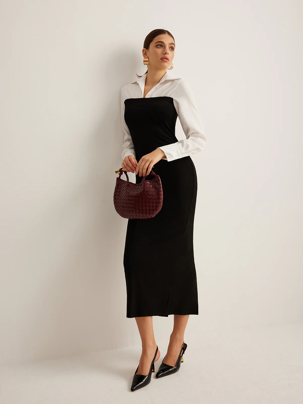 Color Block Skinny Lapel Dress | Commense