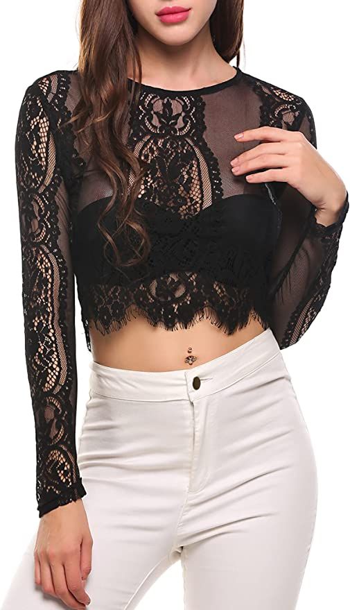 SoTeer Women's Fashion Slim Fit Lace Long Sleeve Sexy Sheer Blouse Mesh Lace Crop Top Shirt (S-XX... | Amazon (US)