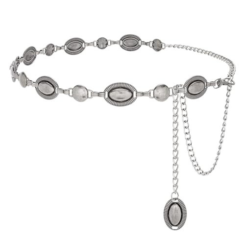 LEACOOLKEY Western Metal Chain Belt for Women Boho Decorated Waist Belt for Dresses Jeans Pants, Silver | Amazon (US)