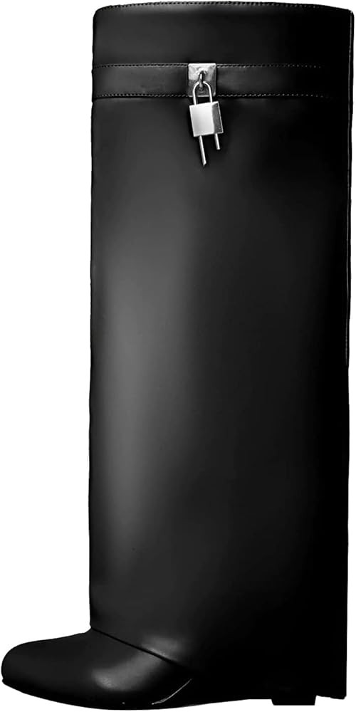 Kluolandi Fold Over Wedge Boots for Women Wide Calf Padlock Knee High Boots Fashion Over The Knee... | Amazon (US)