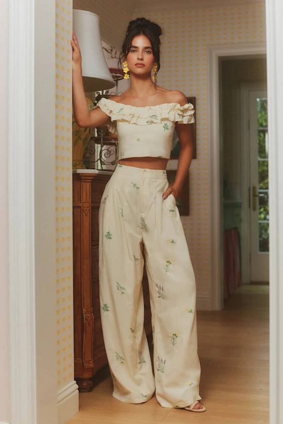 Rowena Cream Embroidered Wide-Leg Pants | Lulus