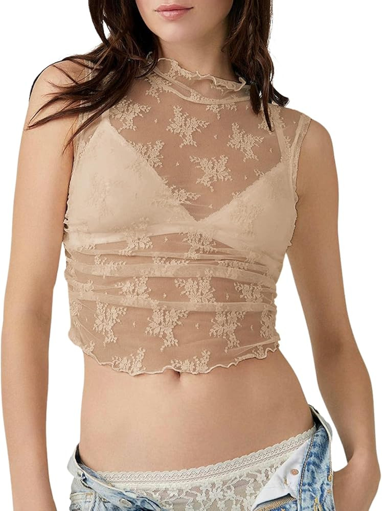 Naileksi Women Sleeveless See Through Lace Mesh Crop Top Mock Neck Ruched Side Slim Fit Floral Sh... | Amazon (US)