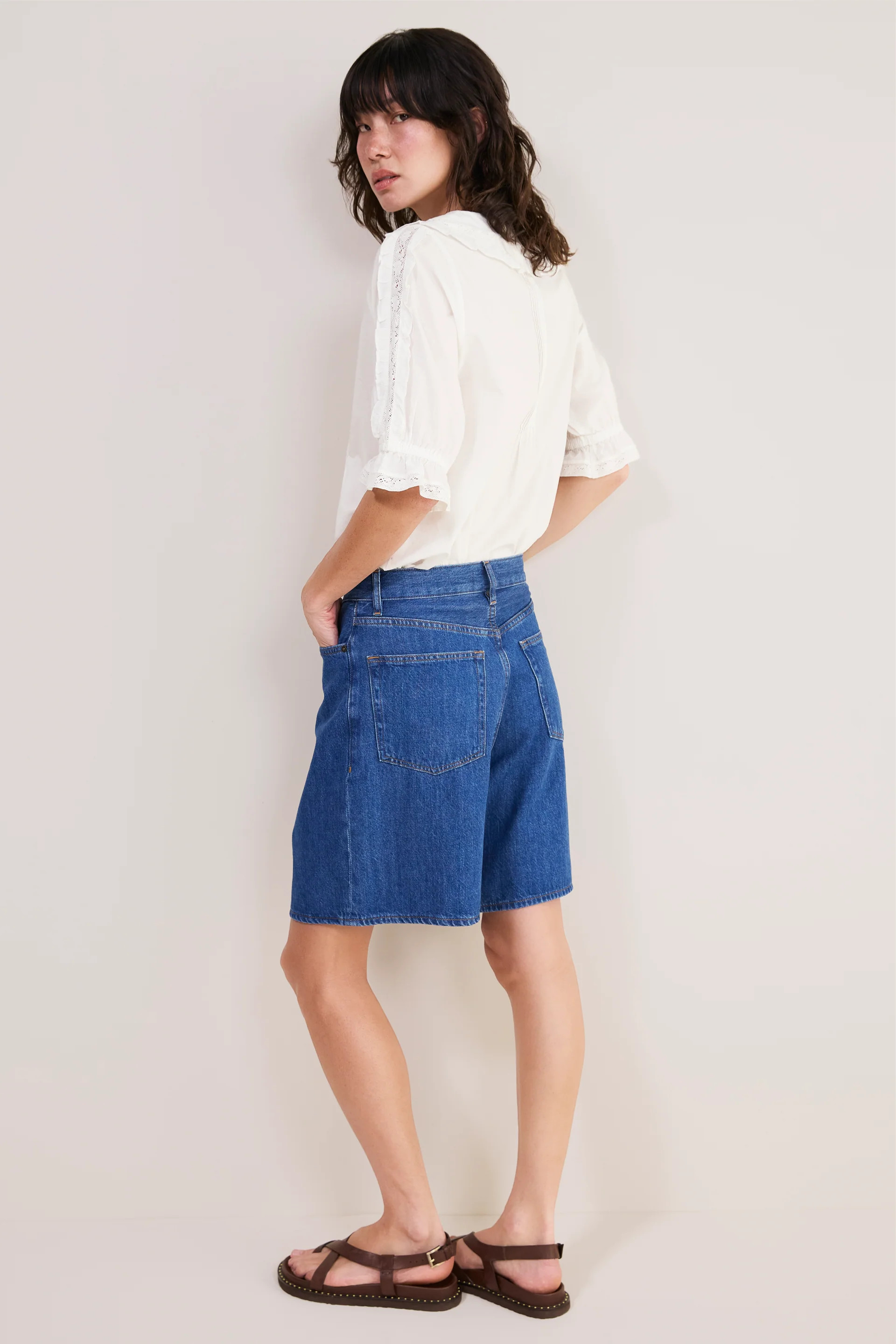 Lula Pleat Front Denim Long Short - Mid Wash | WYSE London