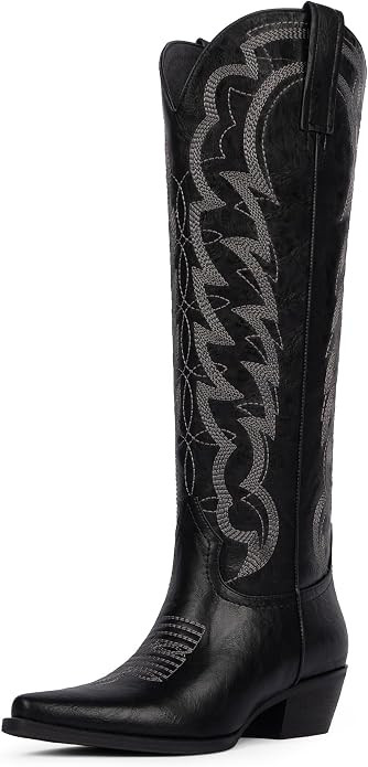 Cowboy Boots for Women Knee High Chunky Heel Butterfly Cowgirl Boots Wide Calf Pointed Toe Chunky... | Amazon (US)