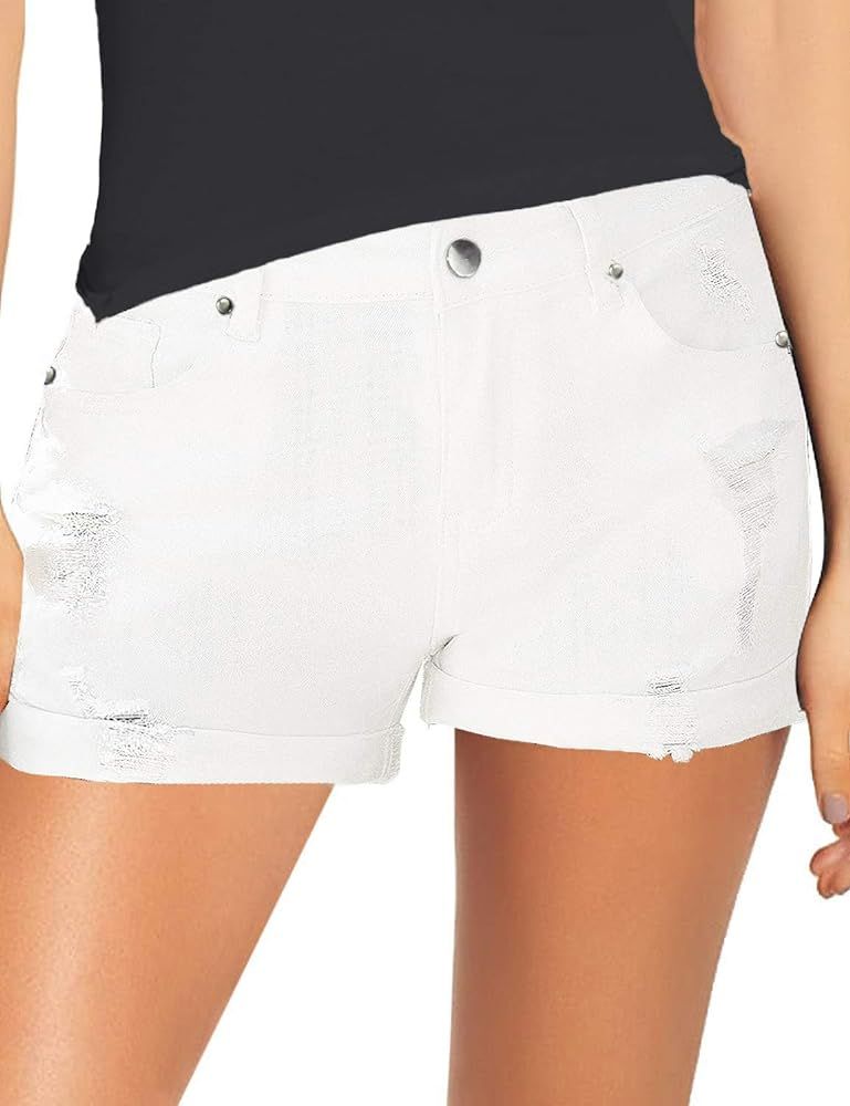 Ladybranch Women's Casual Denim Shorts Summer Mid Waist Stretchy Raw Frayed Folded Hem Jeans | Amazon (US)
