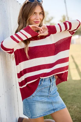 Cozy Escape Burgundy Striped Oversized Crewneck Sweater | Pink Lily