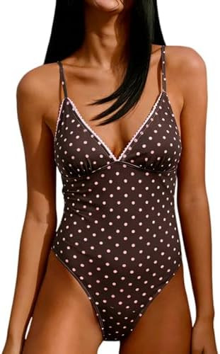 One Piece Polka Dot Swimsuit for Women Deep V-Neck Full Coverage Bathing Suits Ruffle Trim Tummy ... | Amazon (US)