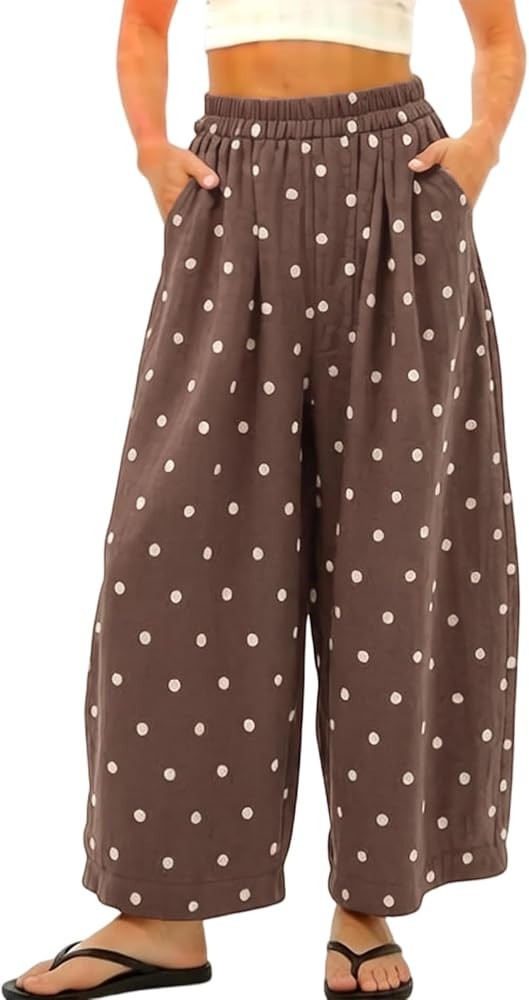 Songling Polka Dot Pants for Women Summer Boho Beach Elastic Waist Palazzo Wide Barrel Leg Pants ... | Amazon (US)