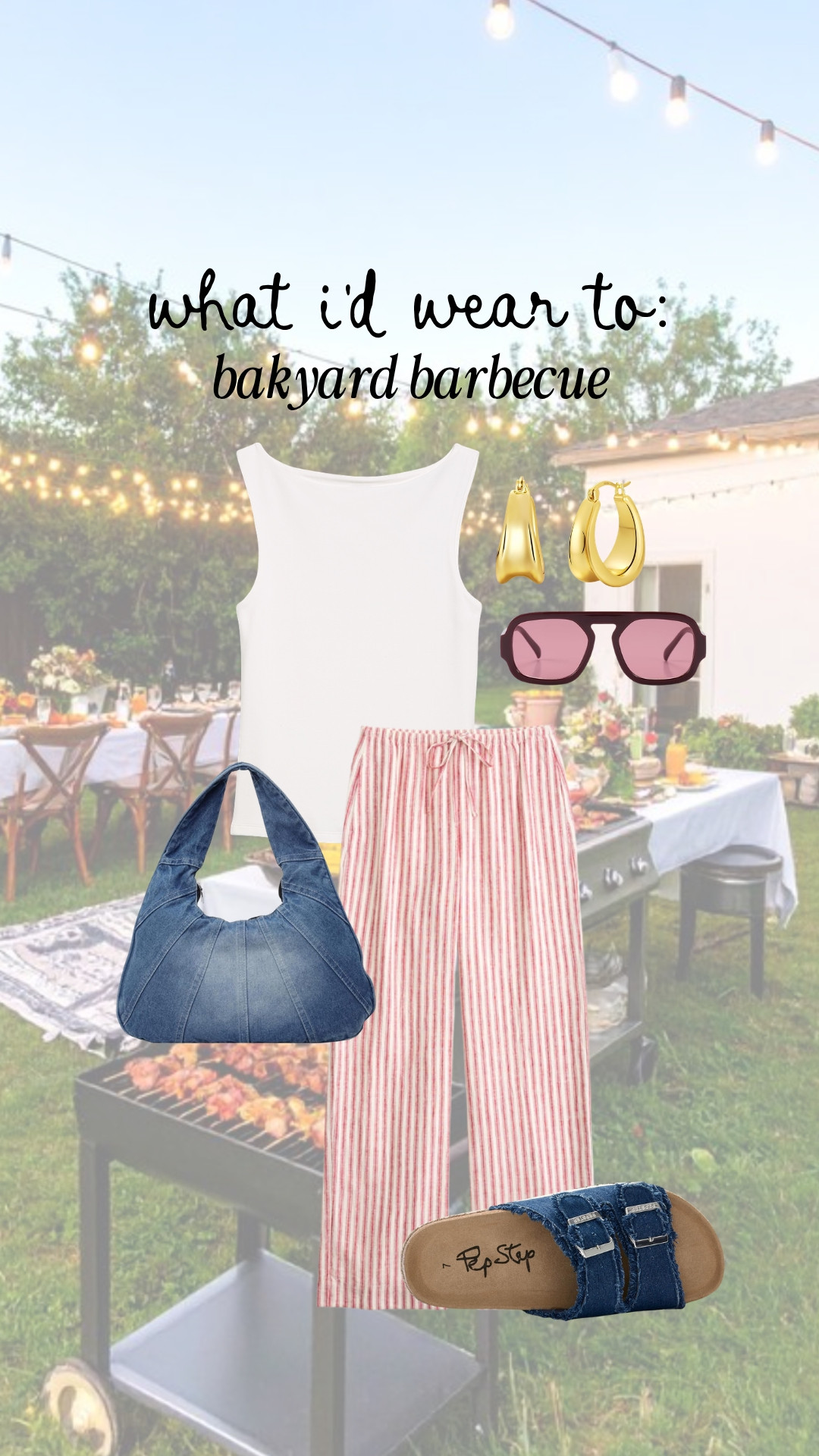 What I would wear to a backyard barbecue! I love the denim accessories in this look!

anti-pooch pants, summer sandals, trendy sunglasses 

 #LTKootd #LTKmomlife #LTKMidsize