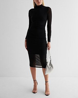 Mesh Mock Neck Long Sleeve Ruched Midi Dress | Express