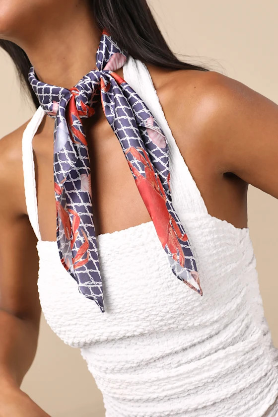 Roselle Blue and White Multi Print Satin Scarf Set | Lulus
