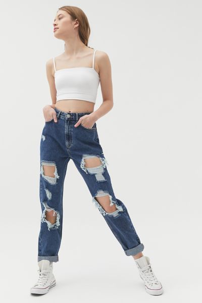 BDG High-Waisted Mom Jean - Destroyed Medium Wash - Blue 24 at Urban Outfitters | Urban Outfitters (US and RoW)