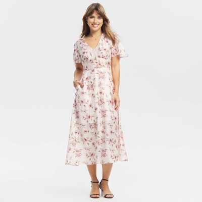 Women's Flutter Short Sleeve Midi Dress - A New Day™ Light Pink Floral XL | Target