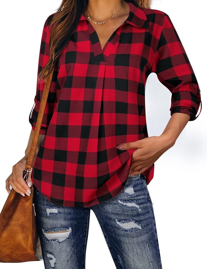 MCKOL Women's Roll Up 3/4 Sleeve Plaid Shirt Causal V Neck Tunic Blouses Tops | Amazon (US)
