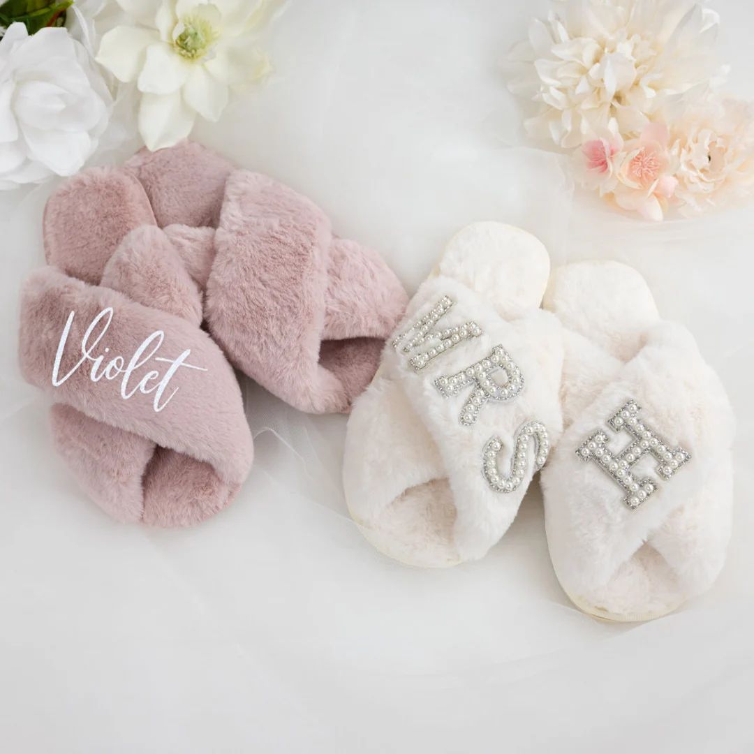 Personalized Gifts Personalized Bridal Slippers Bridesmaid Gifts Fluffy Slipper Bridal Bridesmaid... | Etsy (US)