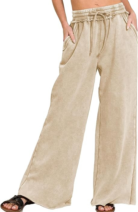 Women Acid Wash Palazzo Sweatpants Casual High Waist Drawstring Wide Leg Pants Baggy Fleece Trous... | Amazon (US)