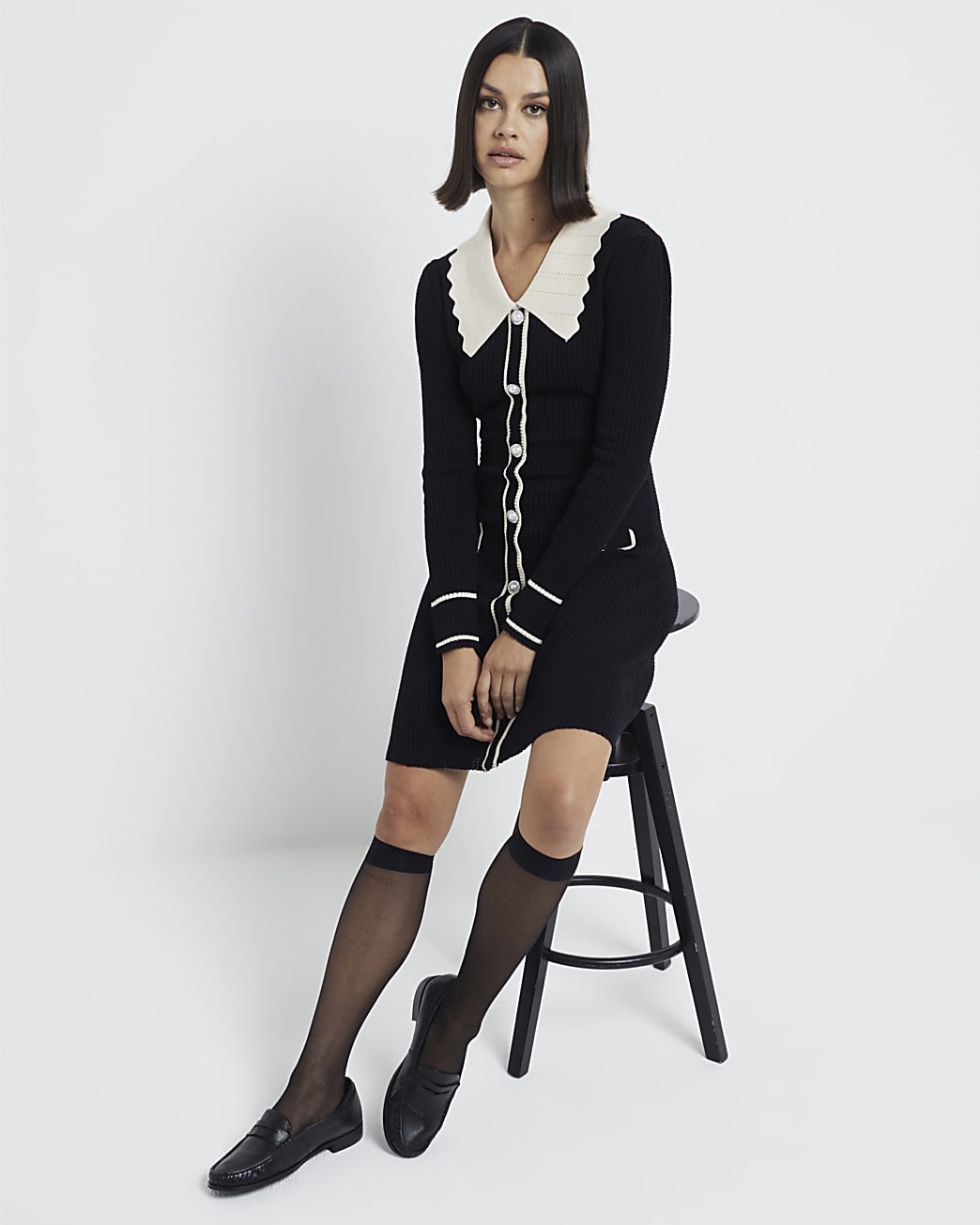 Black Knitted Scallop Collared Dress | River Island (UK & IE)