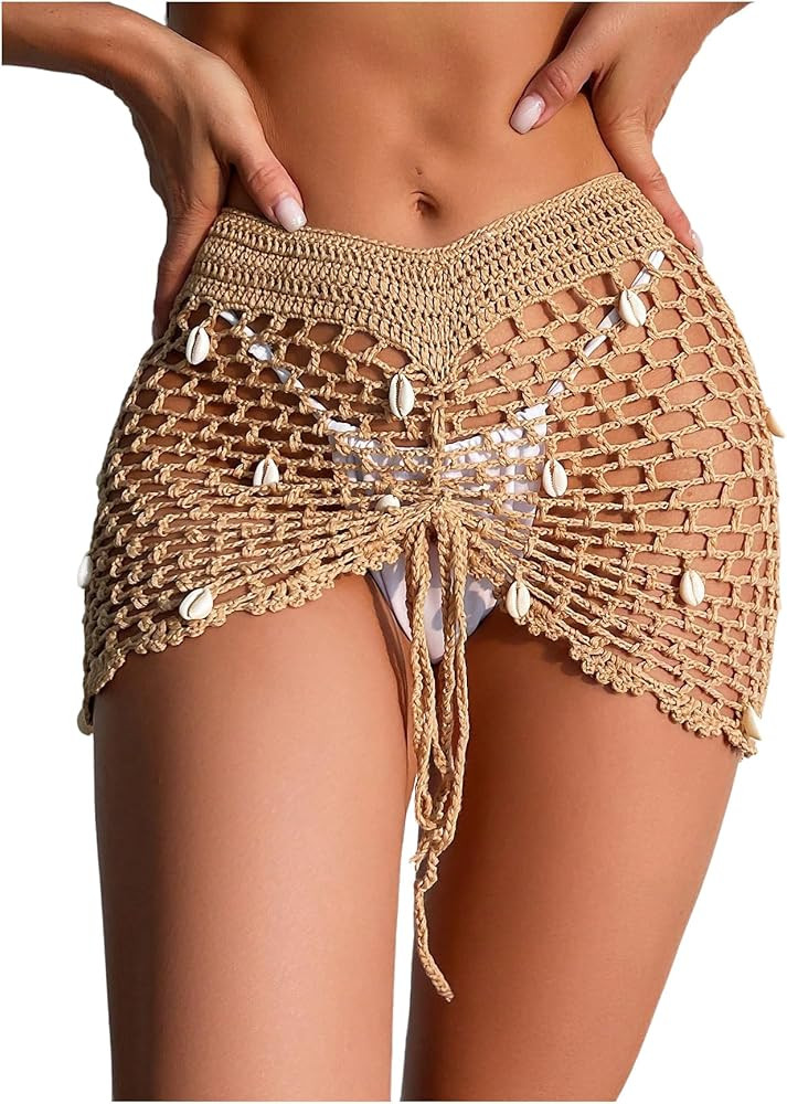 Women's Beach Cover Ups Skirt Crochet Out Shell Drawstring Front Bathing Suit Cover Up Swimwear | Amazon (US)