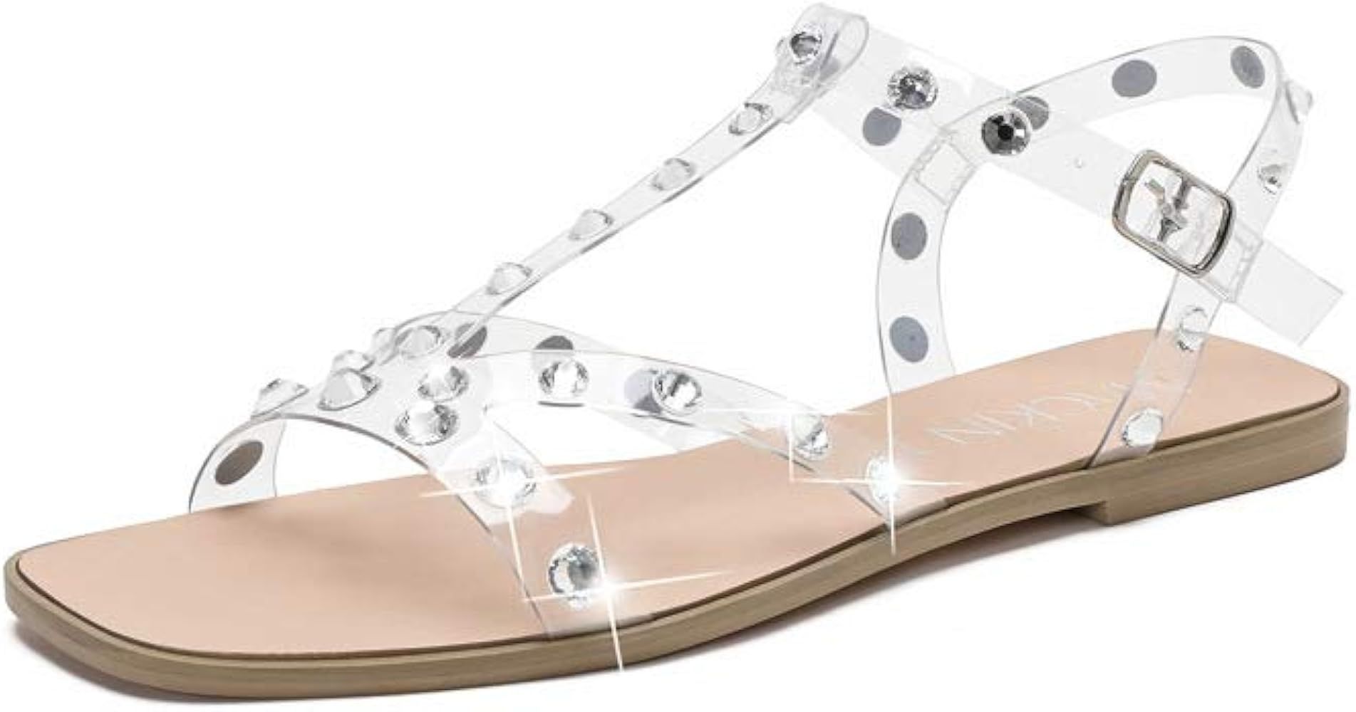 G323-4 Rhinestone Sandals Square Toe Ankle Strap Clear Flat Sandals | Amazon (US)