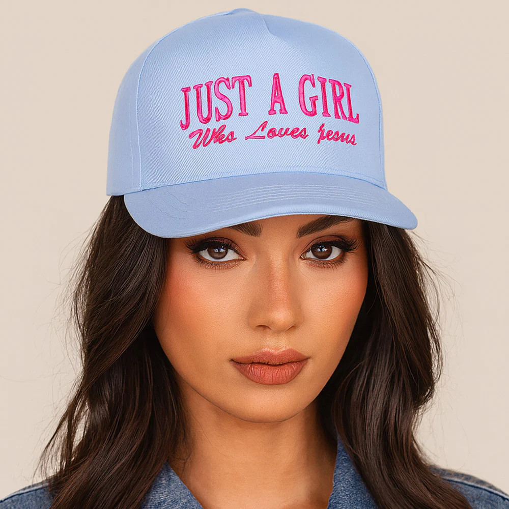 JUST A GIRL Message Embroidered Five Panel Canvas Snapback Baseball Cap | Shop Simon